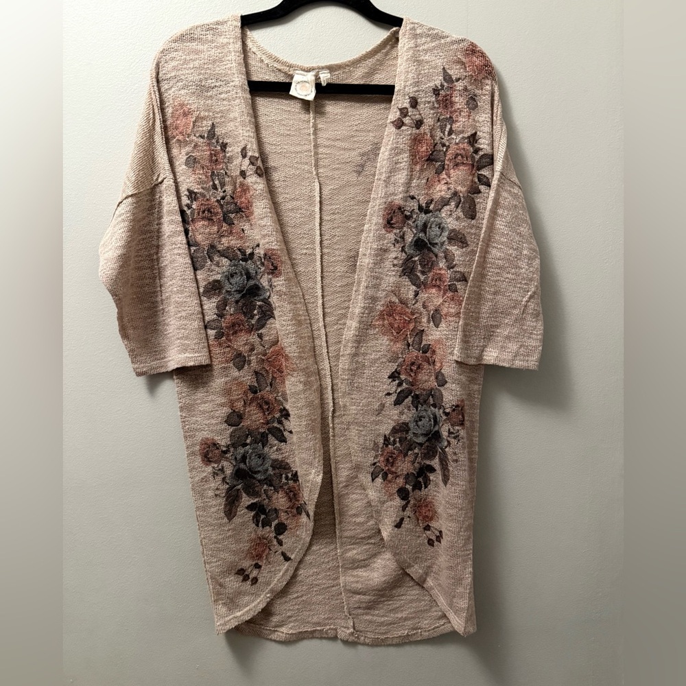 Tan Floral Open-Front Lightweight Spring Cardigan with 3/4 Sleeves